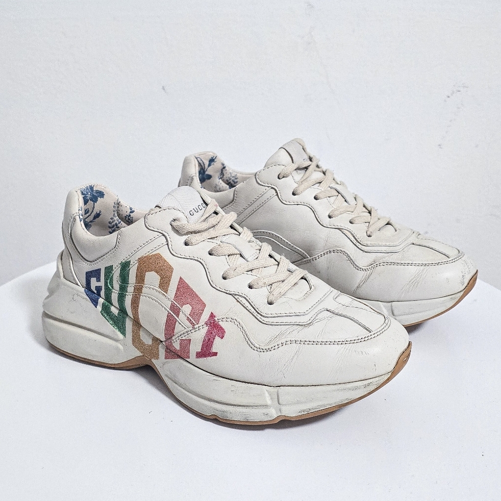 Gucci Rhyton cream chunky rainbow glitter logo casual sneakers size 36.5 - Picture 2 of 11